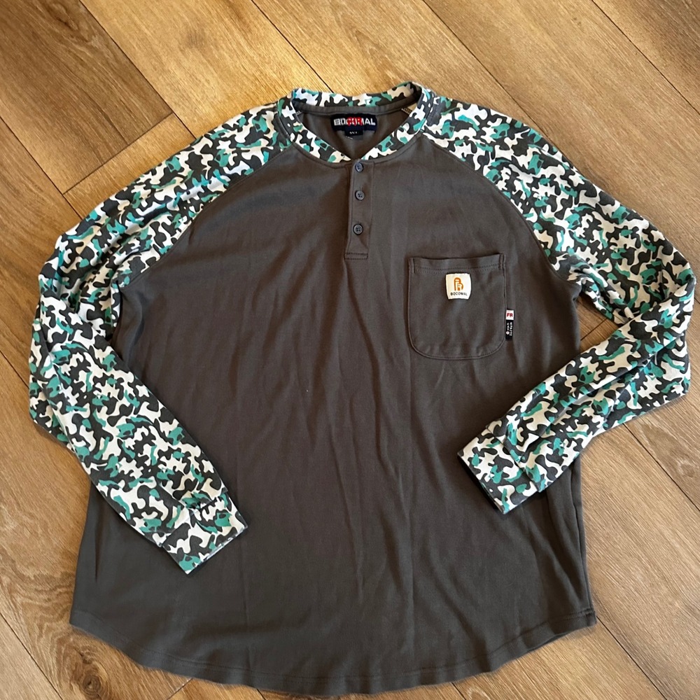 Bocomal FR Henley Shirt Mens 2XL Dark Grey Camo Flame Resistant NFPA 2112 CAT 2